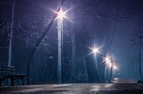 Park lights illuminate the sidewalk on a dark night.