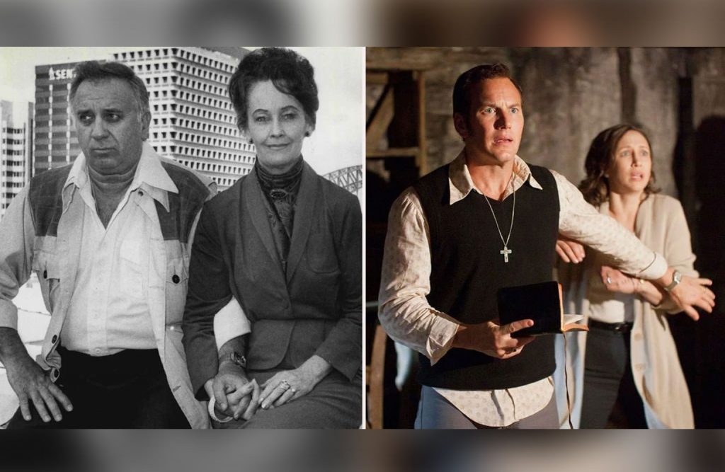 Real-life Ed and Lorraine Warren and the actors that play them.