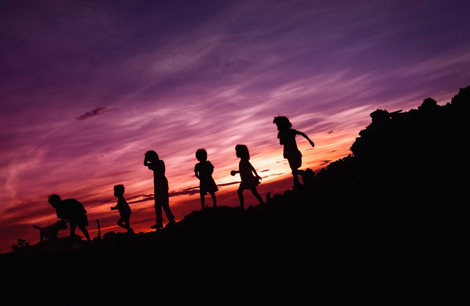 Kids playing with their dog during sunset.