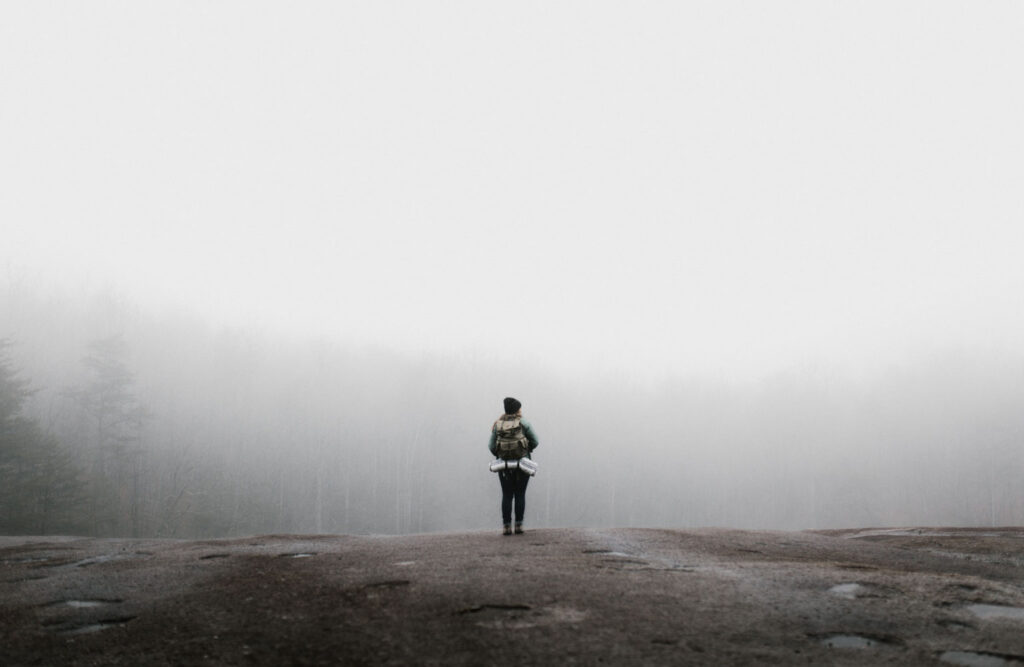 Person standing in front of trees in a foggy environment.