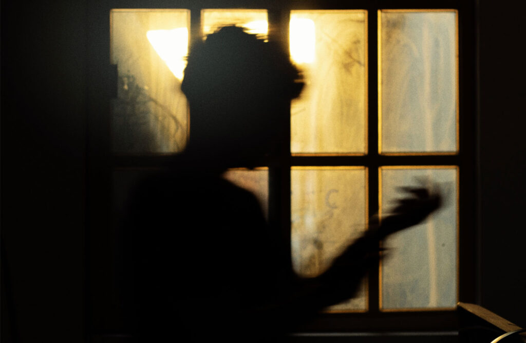 Silhouette of a person standing near a window.